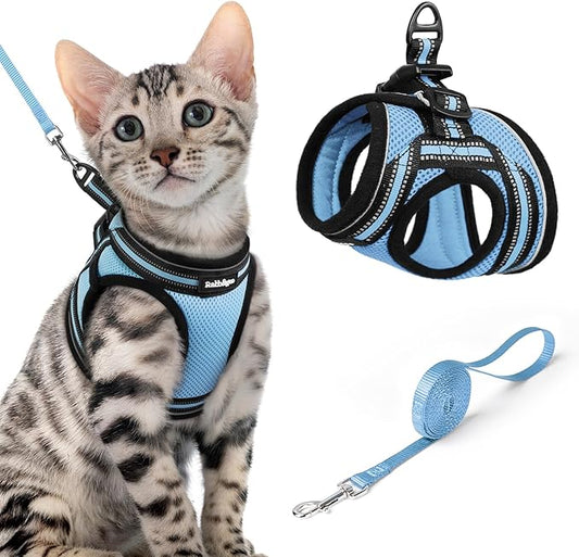 rabbitgoo Cat Harness and Leash Set for Walking Escape Proof, Adjustable Soft Kittens Vest with Reflective Strip for Cats, Comfortable Outdoor Vest, Light Blue, XL
