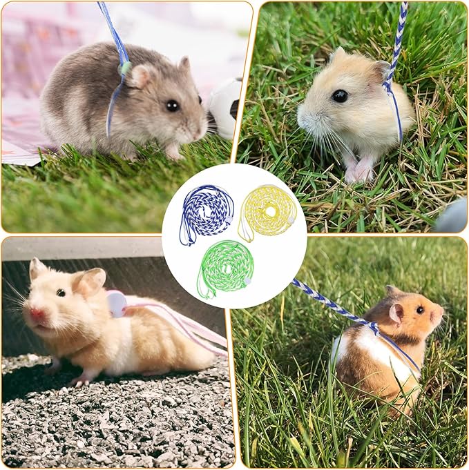 Hamster Leash, 3 Pcs Adjustable Leash Harness for Small Animals, Soft Lightweight Animal Leashes for Rabbits, Ferrets, Guinea Pigs, Chinchillas, Rats(Yellow, Blue, Green)