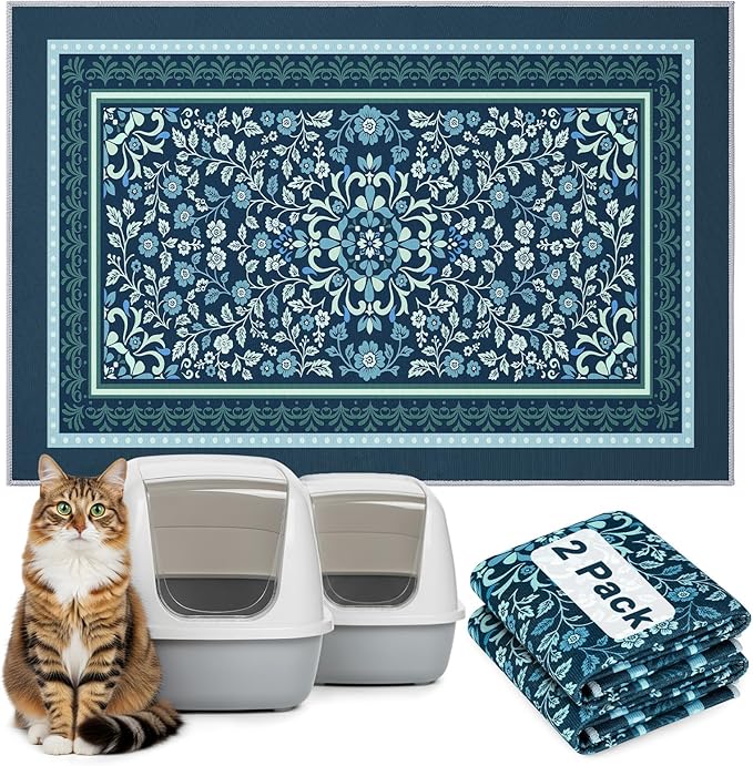 Bienbee Cat Litter Mat, 2PCS 33"x22" Machine Washable Litters Box Mats Non-Slip &Waterproof Cat Litters Trapping Mats Easy to Clean Mat for Litter Box Less Waste Protects Floors Navy Blue L