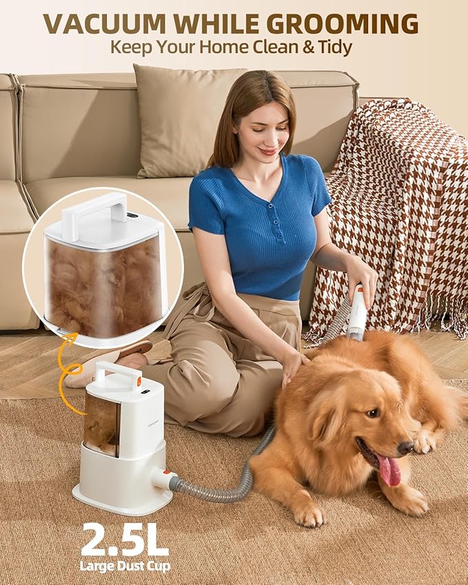 Dog Grooming Vacuum Kit for Shedding: Pet Hair Remover with Quiet Suction Cleaners and Large Capacity Dustbin for Long-Haired Dogs and Cats Home Brush and Groomer with 6 Attachments(Ivory)