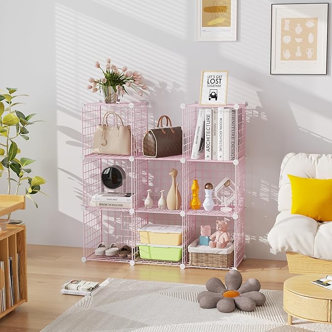C&AHOME Wire Cube Storage, 9 - Cube Organizer Metal C Grids, Modular Shelves Units, Closet Organizer, Ideal for Home, Office, Living Room, 36.6”L x 12.4”W x 48.4”H, Pink UWCS3009P