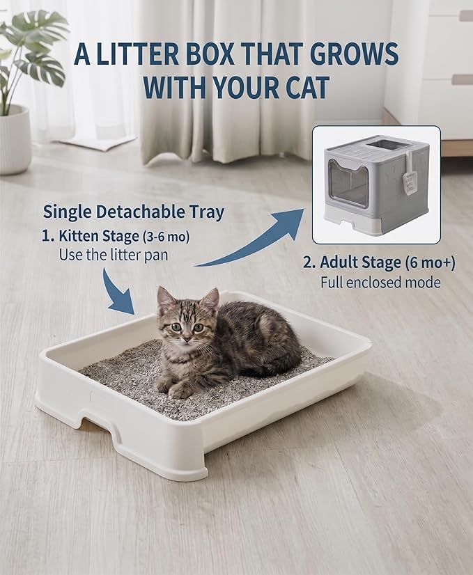Medario Cat Litter Box with Litter Mat and Scoop, Large Covered Litter Box with Lid, Enclosed Kitty Box, Front Entry Top Exit, Odor Control, Easy to Clean (Grey)