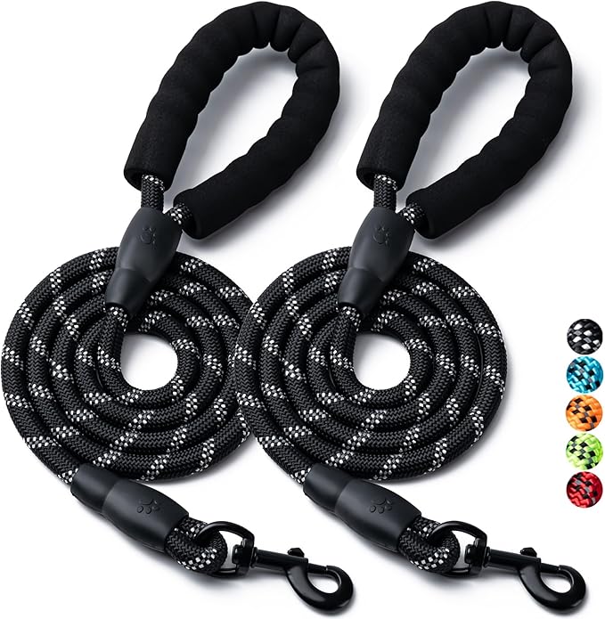 2 Pack Dog Leash, 4/5//6 FT Heavy Duty Nylon Rope Pet Leashes with Comfortable Padded Handle, Reflective Dog Leashes for Small Medium and Large Dogs (4FT-3/8,Black/Black)