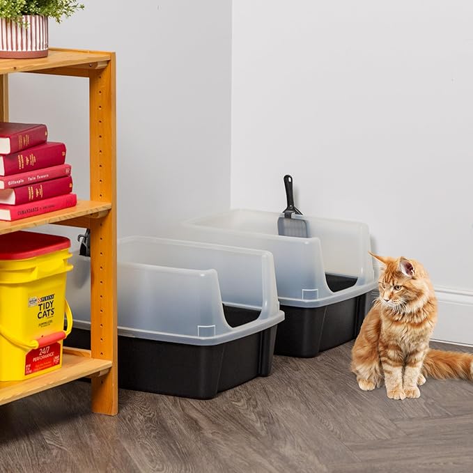 IRIS USA Cat Litter Box Large Open Top with High Sided Walls Tall Scatter Shield Scoop Included Easy Clean Plastic Pan Stain Resistant for Cats Kittens Indoor Multi-Cat Households 2-Pack Black