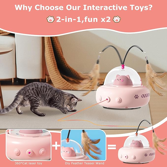 hooroor 2-in-1 UFO Laser Cat Toy with Feather, Automatic Motion Smart Sensor Interactive Toy for Indoor Cats&Small Dogs, Rechargeable Obstacle-Avoidance Exercise Toy, Self-Play Pet Gift Pink Updated