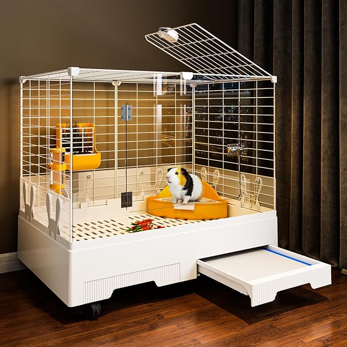 Oneluck Deluxe Small Animal Cage Indoor with Pull Out Tray,Transparent Habitat for Rabbit,Urine Guard,Easy to Clean,White (Transparent)
