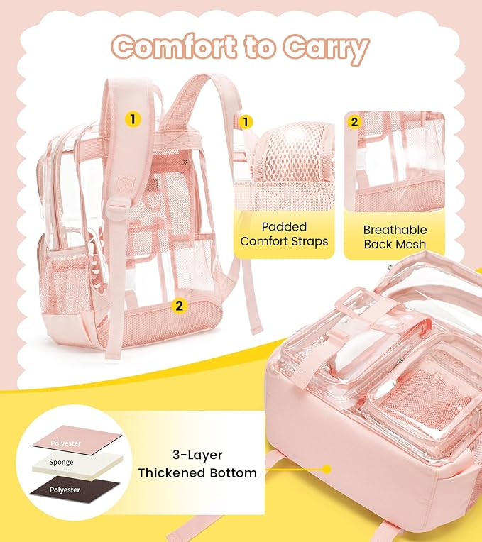 Vorspack Clear Backpack - Heavy Duty Transparent Bookbag for Adults Large See Through backpacks for Work, College, Travel - Light Pink