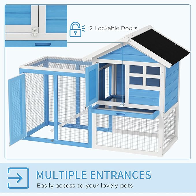 PawHut 49" Wooden Rabbit Hutch Bunny Cage with Waterproof Asphalt Roof, Fun Outdoor Run, Removable Tray and Ramp, for Rabbits, Chickens, Ducks, Light Blue
