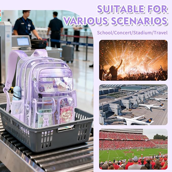 Clear Backpack for School,Transparent Backpack Stadium Events,Heavy Duty Clear Bookbag for Girls,Boys,Work,Sport Purple Sparkle