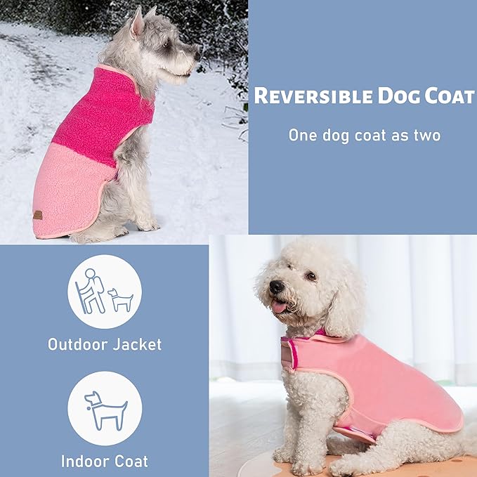 cyeollo Warm Dog Coat Sherpa Dog Winter Coat, Reversible Fleece Dogs Jackets Sweater Vest for Small Dogs Male with Leash Hole, Soft Cold Weather Pet Clothes, Rose Red L