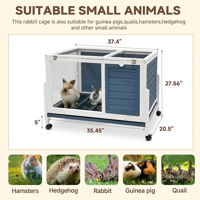 RUNSHED Two Floors Wooden Indoor Bunny Hutch Rabbit Cage on Wheels Guinea Pig PET House for Small to Medium Animals Waterproof No Leak Tray
