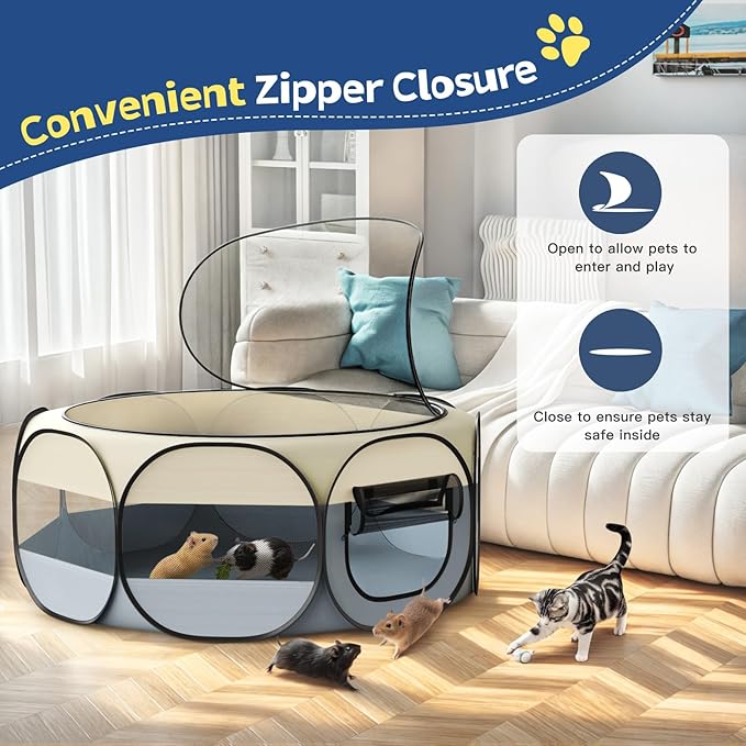 VavoPaw Small Animal Playpen, Chicken Brooder Box with Cover Top, Portable Outdoor Exercise Pet Cage Tent, Waterproof Breathable Pet playpen Indoor for Chick Ktiien Bunny Hamster Guinea Pig,Beige+Gray