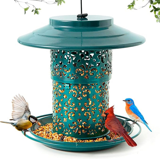 Metal Bird Feeders for Outdoors Hanging, Weather Resistant Wild Bird Feeder with 360 Degree Feeding Tray (Green)