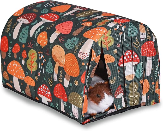 IBWell Guinea Pig Hideout Tunnel with Curtains Cute Mushroom Bunny Hideaway for Cage Accessories Washable Soft Hedgehog Hides and Houses