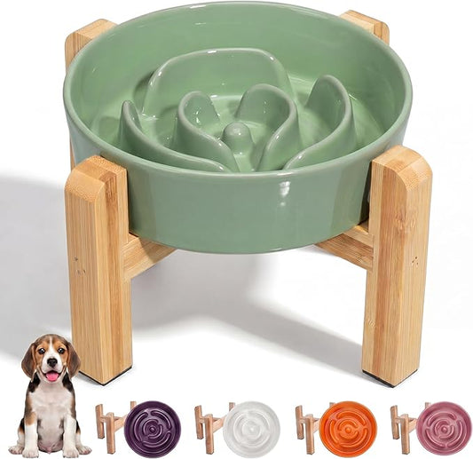 Elevated Slow Feeder Dog Bowl - Ceramic Maze Food Dish with Bamboo Stand - Raised Feeding Bowl for Fast Eaters - Ideal for Small and Medium Dogs - Green - 6.7 inch