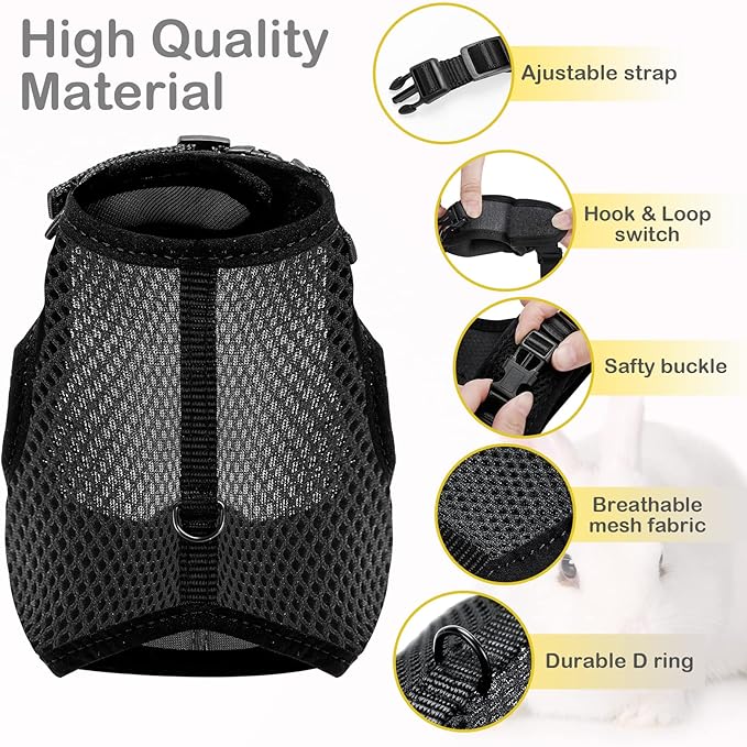 PETTOM Bunny Rabbit Harness with Stretchy Leash Cute Adjustable Buckle Breathable Mesh Vest for Kitten Small Pets Walking (Black,XS)