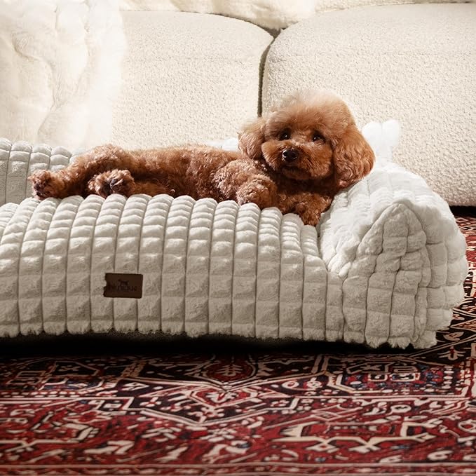 Orthopedic Dog Bed for Medium Dogs, Supportive Couch Style Pet Bed with Faux Rabbit Fur, Washable Removable Cover, 3D Diamond Pattern, 36 Inch, Off White