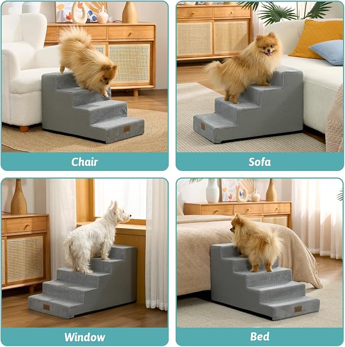 COZY KISS Dog Stairs for Small Dogs 15.7" H, 4-Step Gentle Incline Pet Step for Couch Sofa, Non-Slip Dog Ramp for Puppy Doggie Senior Cats, 15.7x23.6x15.7 Inch, Grey