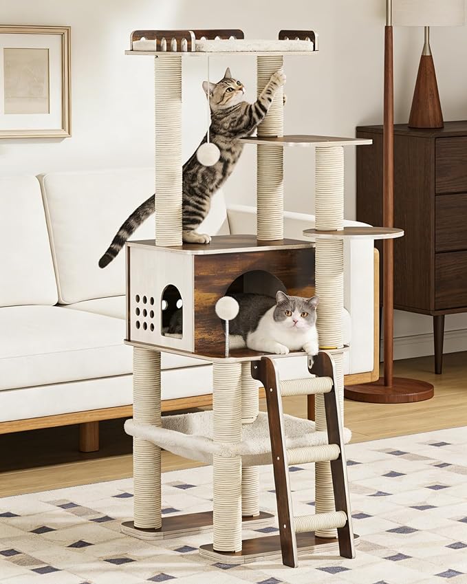 Modern Cat Tower, 60.3 Inches Multi-Level Cat Tree with Dark Wood-Look Panels, Sisal Scratching Posts, Hammock & Plush Perch, Safe for Kittens to Adult Cats