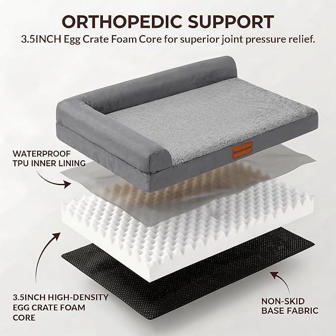 Patas Lague Orthopedic Dog Bed Large Sized Dog 36''X24'', Waterproof L Bolster Medium Pet Sofa Beds with Removable Washable Cover, Soft Comfortable Pet Couch Crate Mat with Nonskid Bottom, Grey