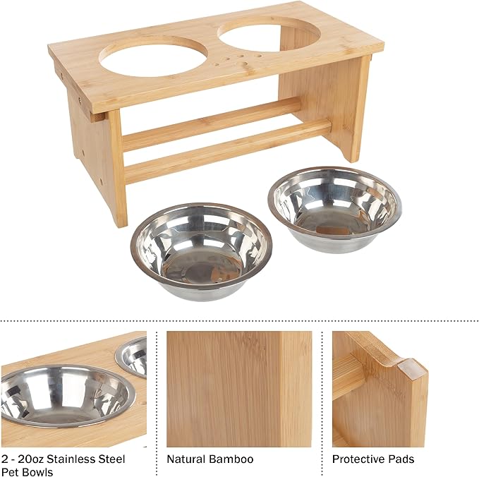 Elevated Dog Bowls with Stand - 7-Inch Nonslip Bamboo Dog Feeder with 2 Stainless-Steel Pet Bowls - Hold 20oz Each and Dishwasher Safe by PETMAKER