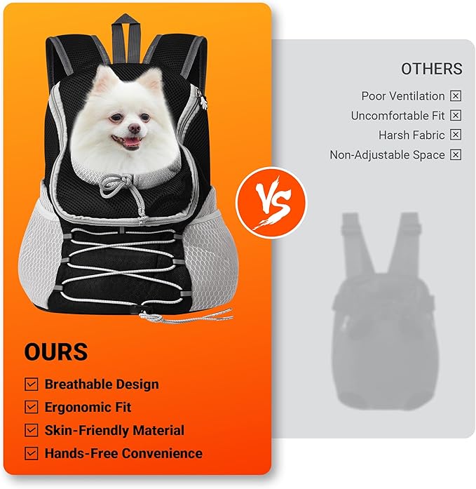 Dog Carrier Backpack for Small Dogs 2-15 lbs, Breathable Front Chest & Back Pet Carrier, Puppy Backpack with Safety Tether for Hiking Walking, Shoulder Bag for Dog, Black Grey (L)