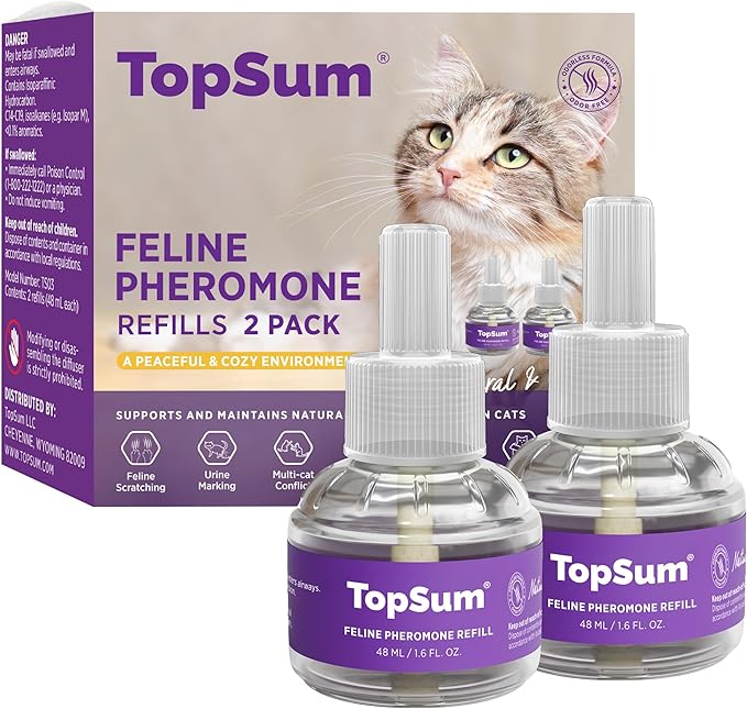 TopSum Cat Calming Pheromone Diffuser: Feline Pheromones Plug in for Stress, Along At Home, Spraying, Fighting, Scratching, Aggression & Excessive Meowing (Purple– 2 Refills)