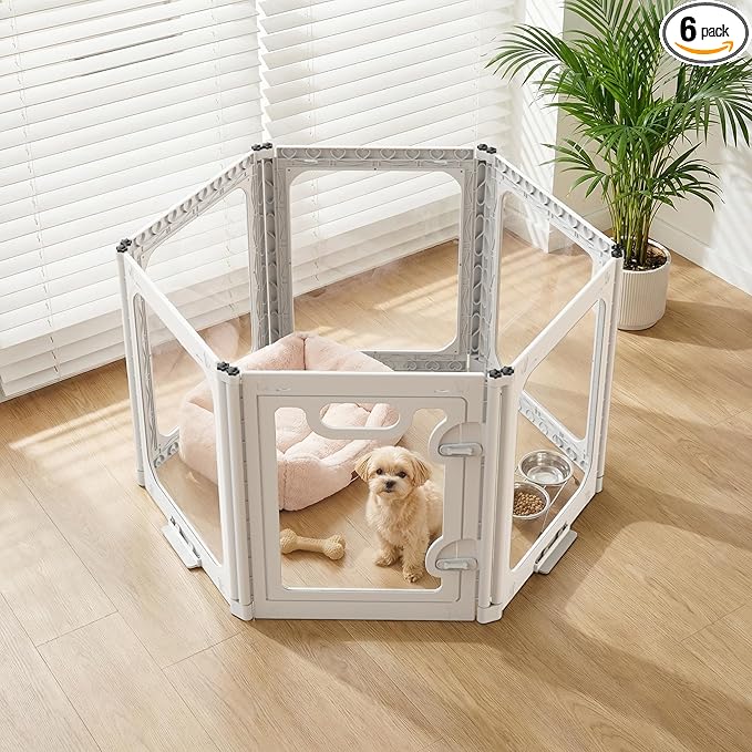 Small Dog Playpen Indoor, Clear Dog Play Pen Indoors (White, 24 Inch High, 6 Panels)