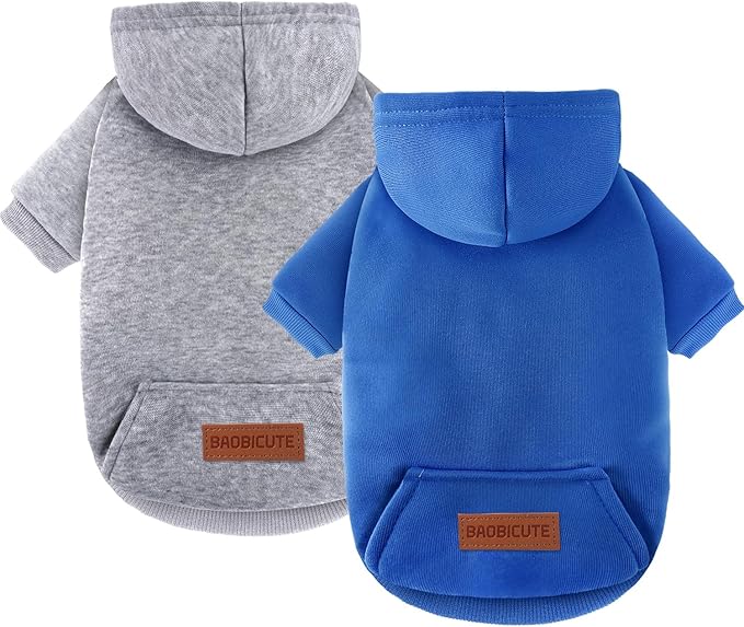 2 Pack Dog Hoodie Warm Hood Dog Sweater Cold Weather Small Dogs Sweatshirt Comfort Pet Clothes for Small Medium Dogs with Pockets (Dark Blue+Grey, XS (Back: 7.5",Chest: 12.6", 1.8-3.5lbs))