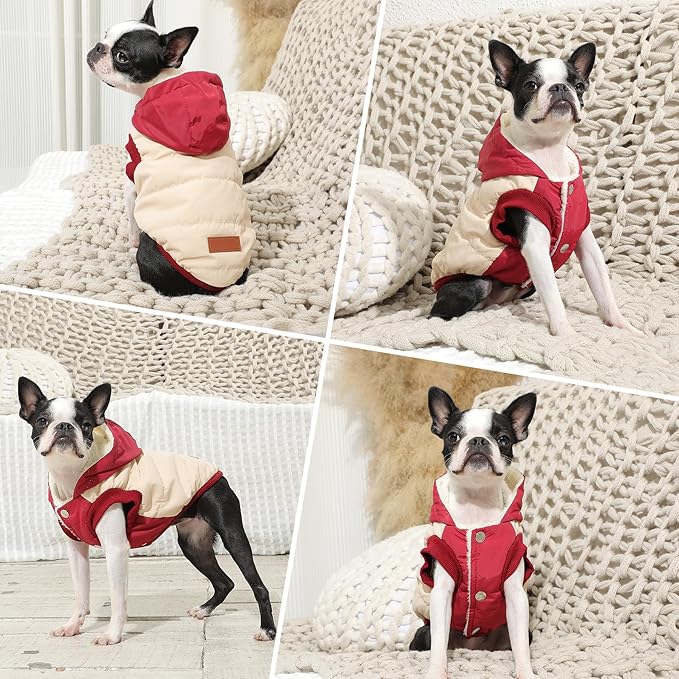 Vecomfy Fleece Lining Extra Warm Dog Hoodie in Winter,Small Dog Jacket Puppy Coats with Hooded,Beige and Red XS
