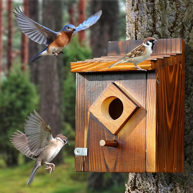 Waterproof Wooden Blue Bird House, Weather Treated Bluebird Box Houses for Outdoors, Nesting Box for Wrens, Swallows, Finches, Chickadee (Wood)