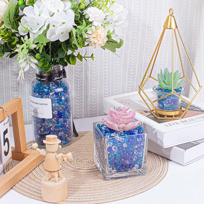 Keedolla 15 Oz Blue Mix Aquarium Glass Pebbles Stones Fish Tank Rocks Gravel, Aquarium Rocks Glass Gems Stones for Crafts, Vase Fillers, Garden, Succulent Plants Decor
