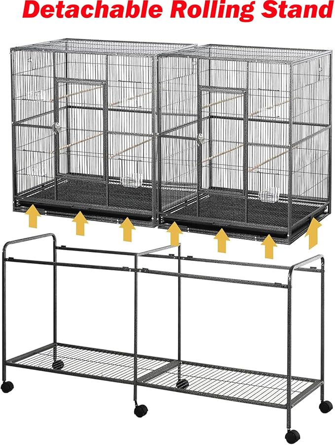 Extra Large Double Birdhouse Treehouse Bird Flight Parrot Center Divider Cage Feeder Doors Side Breeding Doors Easy Clean Pull Out Tray with Detachable Rolling Stand