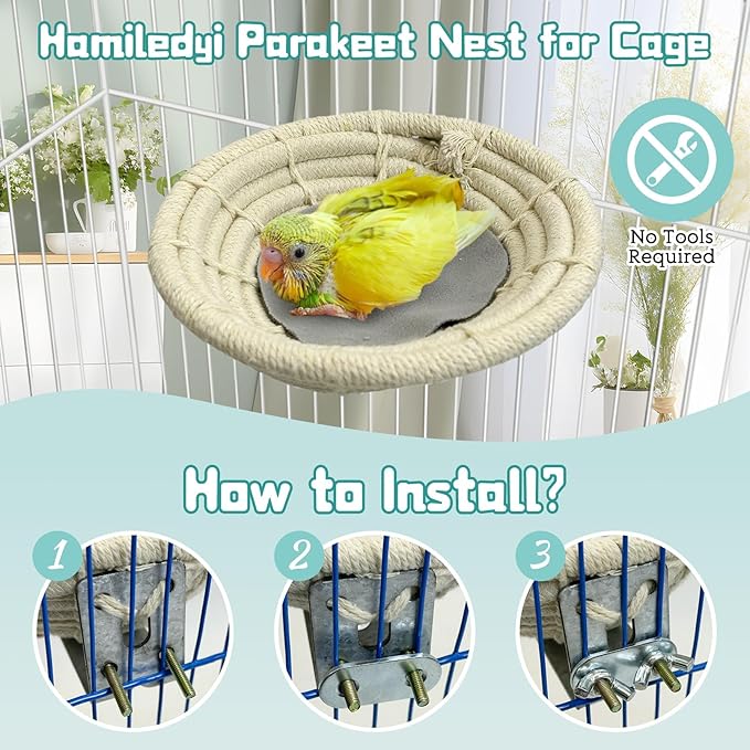 Hamiledyi 3 PCS Bird Nest for Cage Handmade Cotton Weave Hemp Rope Parrot Breeding Nest Hatching Bird Bed Parakeet Nesting Box for Budgie Cockatiel Conure Lovebird