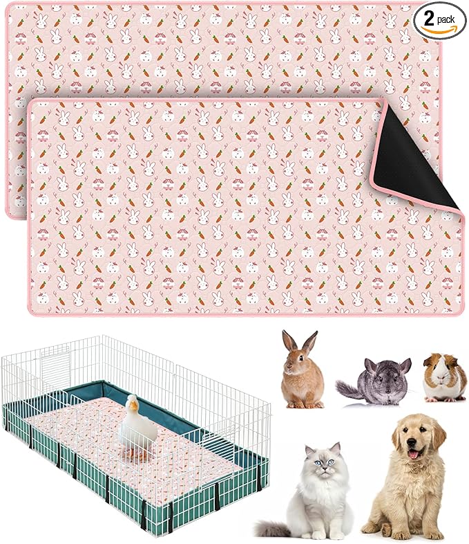 Bissap 2 Packs Guinea Pig Cage Liners, 47''X24'' Washable Guinea Pig Pee Pads Non Slip Reusable Fast and Super Absorbent Bedding for Small Animals Rabbit Hamster Chinchillas Rat - Pink