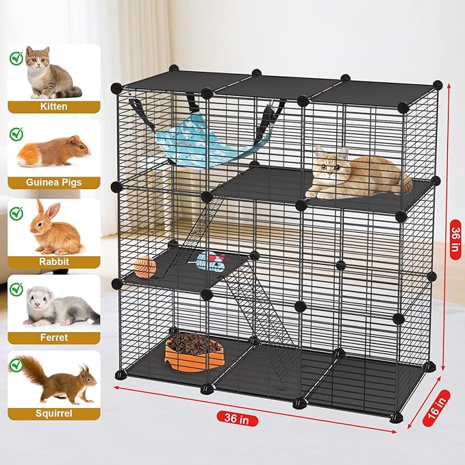 VISCOO Cat Cage, 3-Tier DIY Catio Cat Enclosures, 36" x 16" x 36" Cat Playpen Indoor & Outdoor with Hammock, Detachable Metal Wire Kennel Cats Crate, 3x1x3 Exercise Place for 1-2 Kitten/Squirrel