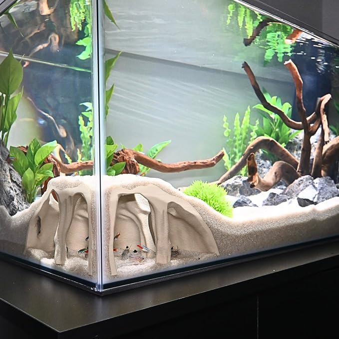 Aquarium Corner Underground Cave Natural Mangrove Tree | Viewing Fish Under Gravel Tunnel Hide | Fish Tank Hideout Decor Decoration Enrichment for Corydora Catfish, Loaches, Pleco, Betta (Bone White)