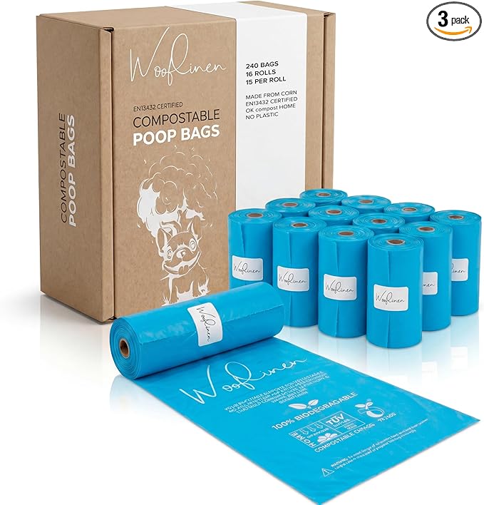 Wooflinen Unscented Compostable Dog Poop Bags – Leak-Proof Dog Poop Bags Rolls – Large 9x13”, Durable, Easy Tear – Made from Plant-Based Materials – For Big & Small Dogs – 720 Count (48 Rolls)
