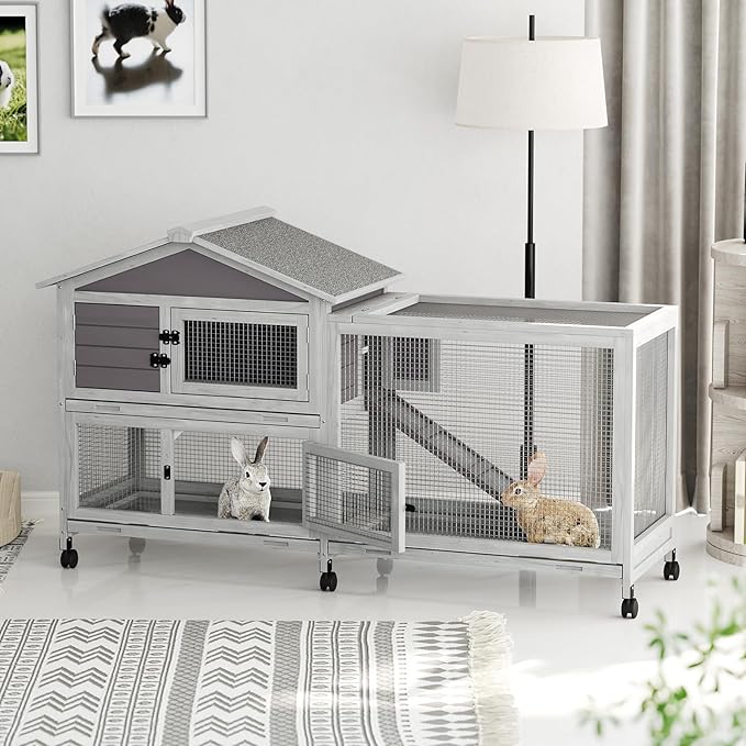 GarveeLife Rabbit Hutch with Weatherproof Asphalt Roof, Bunny Hutch with Wheels & Pull-Out Tray, Rabbit Cage Guinea Pig Cages for Small to Medium Animals, Indoor Outdoor Use, Grey