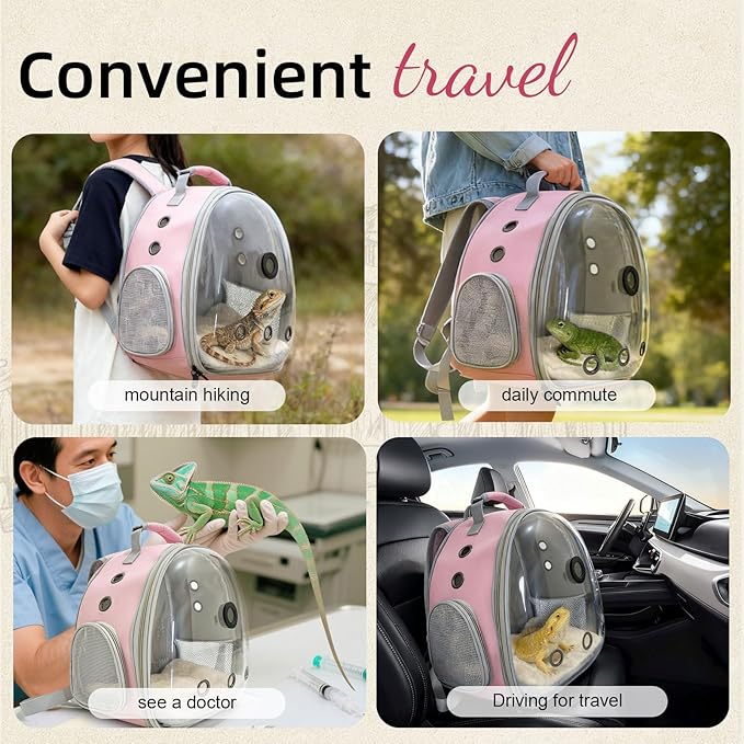 Bearded Dragon Travel Backpack Carrier with Reptile Thermometer and Humidity Gauge Lizard Travel Cage Space Capsule Clear Bubble Window Astronaut Reptile Bag for Ball Python (Pink, Backpack+PG LSH)