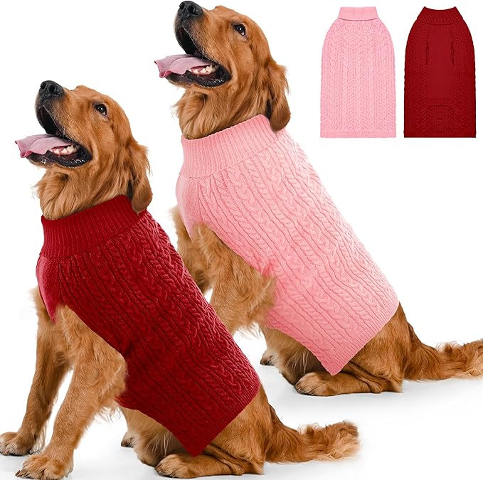 2 Pack Dog Sweaters for Large Dogs Winter Turtleneck Pullover Cable Knit Fleece Stretch Pitbull Labrador Golden Retriever Doberman Bulldog Boy Girl Pet Clothes (XL, Pink & Red)
