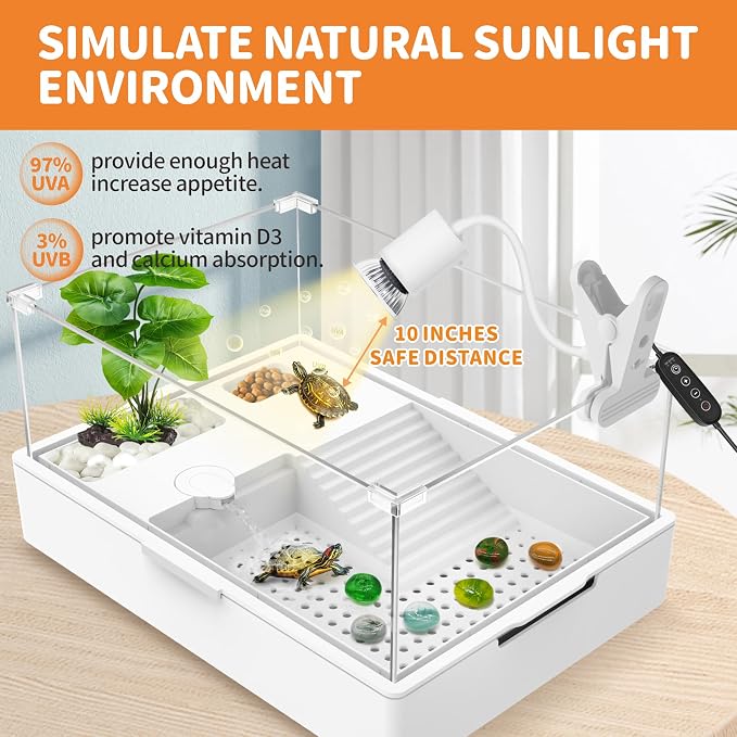 GOZILLA Reptile Heat Lamp, Turtle Lamp with 360° Goose Neck Rotatable Timing & Dimming Cycle Timer, 25W+50W UVA/UVB Reptile Light Bulbs for Reptiles and Amphibian Tanks, Terrariums and Cages.(White)