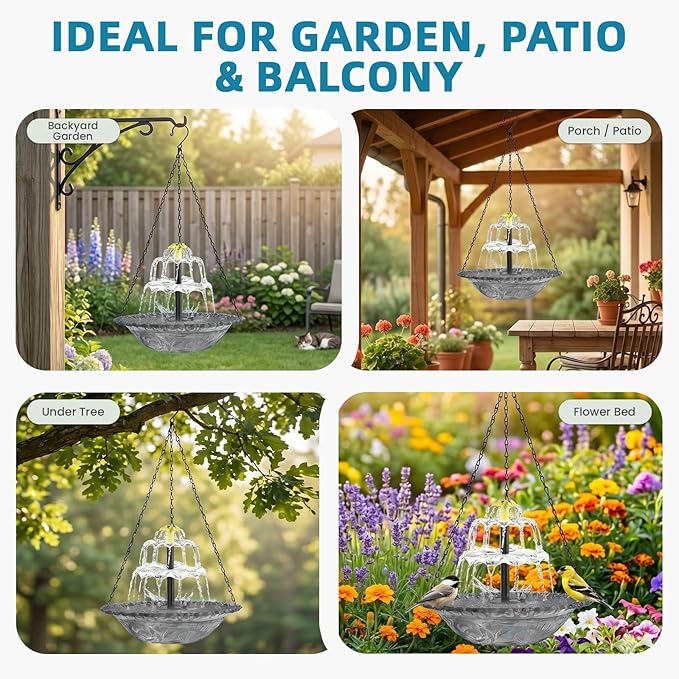 Solar Fountain for Bird Bath, Hanging Cascade Water Feature for Outdoor Garden & Yard Decor, Creates a Relaxing Flow that Attracts Birds (Gray(XL))