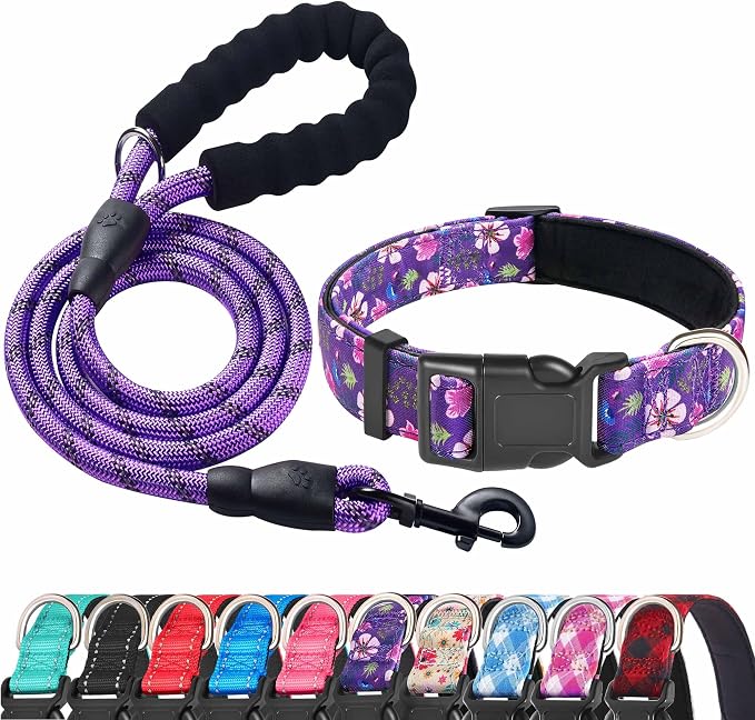 Ladoogo Reflective Dog Collar Padded with Soft Neoprene Breathable Adjustable Nylon Dog Collars for Small Medium Large Dogs (Small (Pack of 1), Purple/Pink Floral Collar+Leash)