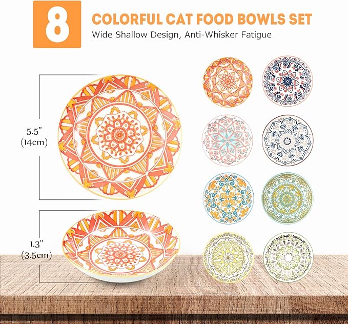 YEAHGO Cat Food Bowls for Indoor Cats Ceramic Cat Bowls Whisker Friendly Cat Dishes for Food and Water 5.5 Inches Kitten Bowls Cute Cat Feeding Bowls Set 8 Cat Wet Food Bowl Set Shallow Cat Plate