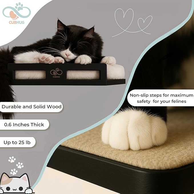 Cat Wall Shelves for Cats & Kitten up to 25 lb – Solid Wood Cozy Corner Bed + Cushion with 2 Washable Covers + 3 Wooden Steps, Safe Haven for Indoor Cats, Cat Shelves for Wall, Black