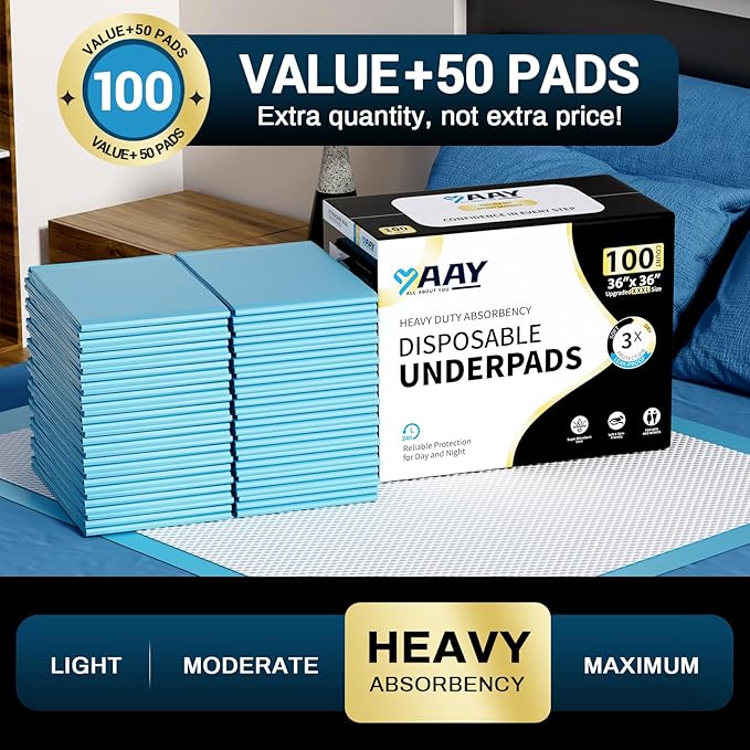 AAY Disposable Bed Pads 36" x 36" (100 Count) , Extra Large Heavy Duty Incontinence Underpads, Super Absorbent 3XL Chucks Pee Pads for Adults, Kids, Pets, Puppy Training