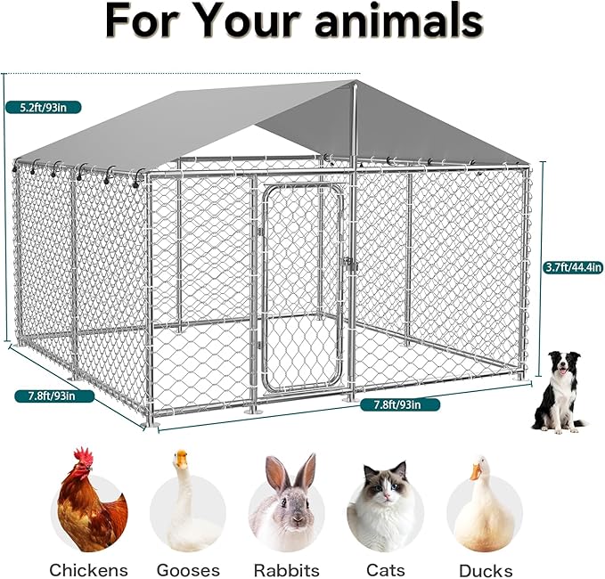 7.8'x7.8' Outdoor Dog Kennel, Heavy-Duty Dog Run with Wire Mesh Fence, Lock & Waterproof Cover for Large Dogs