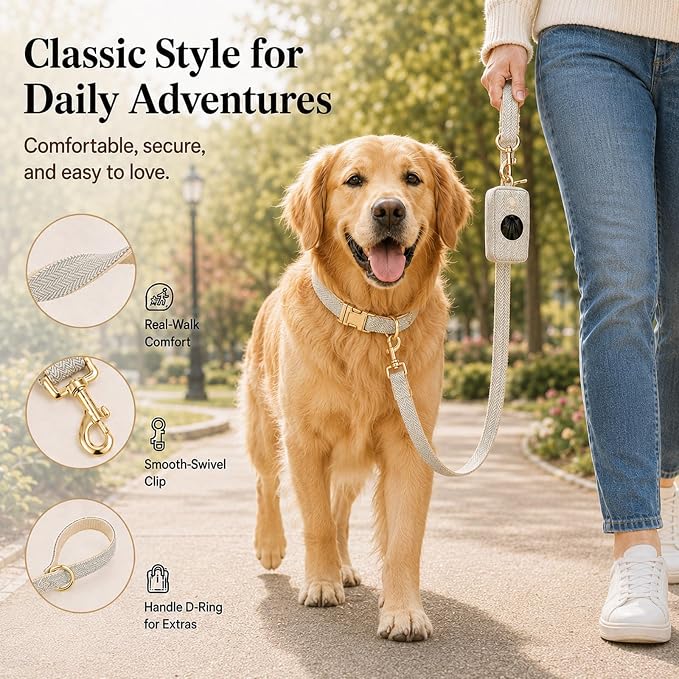 Herringbone Tweed Dog Collar and Leash Set for Medium Dogs, Gray | Snag-free, no-rub design. Soft breathable cotton, gentle on fur. Adjustable durable matching combo for walks & outdoors.
