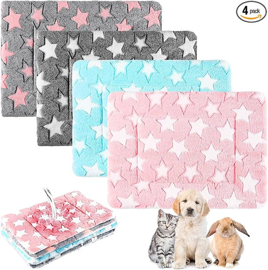 Haull 4 Pcs Waterproof Guinea Pig Bedding Guinea Pig Bed Plush Cage Liners Soft Rabbit Dog Crate Pad Cat Mat Reversible Cozy Animal Pee Pad Hamster Bunny Mat Accessory(Cute Star,13 x 18.5 Inch)